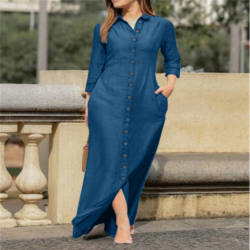 2023 European And American Women's Elegant Fashion Neutral Style Long Sleeve Lapel Cardigan Solid Color Long Cotton Linen Dress — photo 11