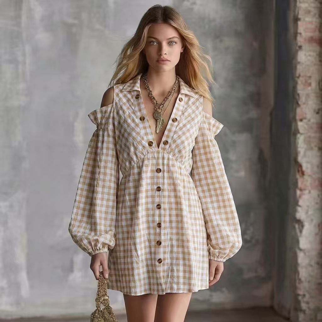 VintagestyleOfftheShoulderPlaidLongSleeveDresswithLanternSleevesandElasticWaistforCommute