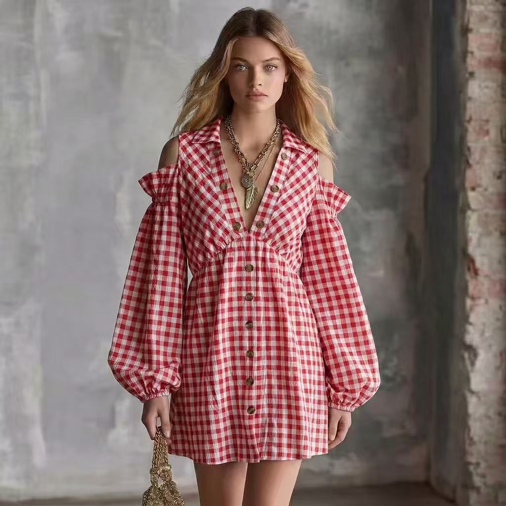 VintagestyleOfftheShoulderPlaidLongSleeveDresswithLanternSleevesandElasticWaistforCommute — photo 3
