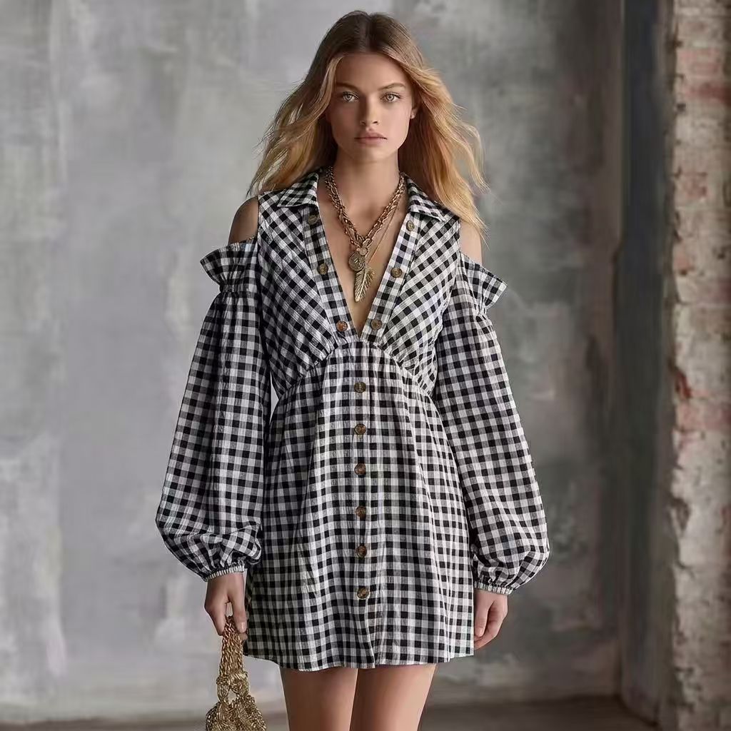 VintagestyleOfftheShoulderPlaidLongSleeveDresswithLanternSleevesandElasticWaistforCommute — photo 4