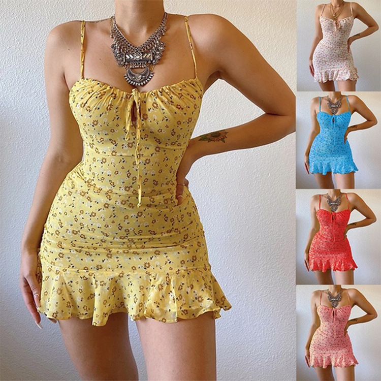 New Spring Summer Amazon Indie Site Women's Dress, European And American Sexy Floral Spaghetti Strap With Front Cutout
