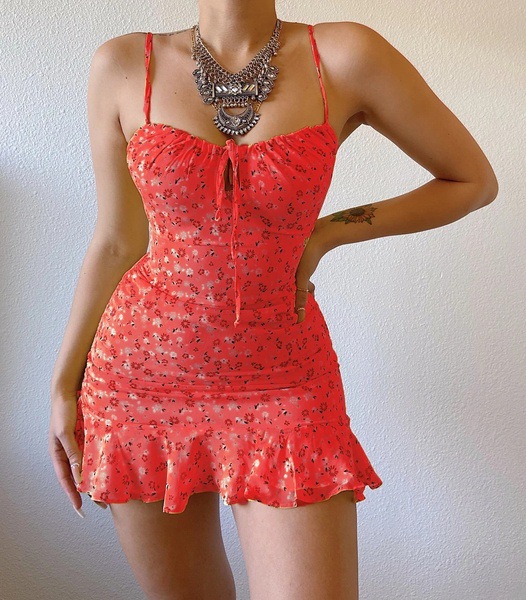 New Spring Summer Amazon Indie Site Women's Dress, European And American Sexy Floral Spaghetti Strap With Front Cutout — photo 7