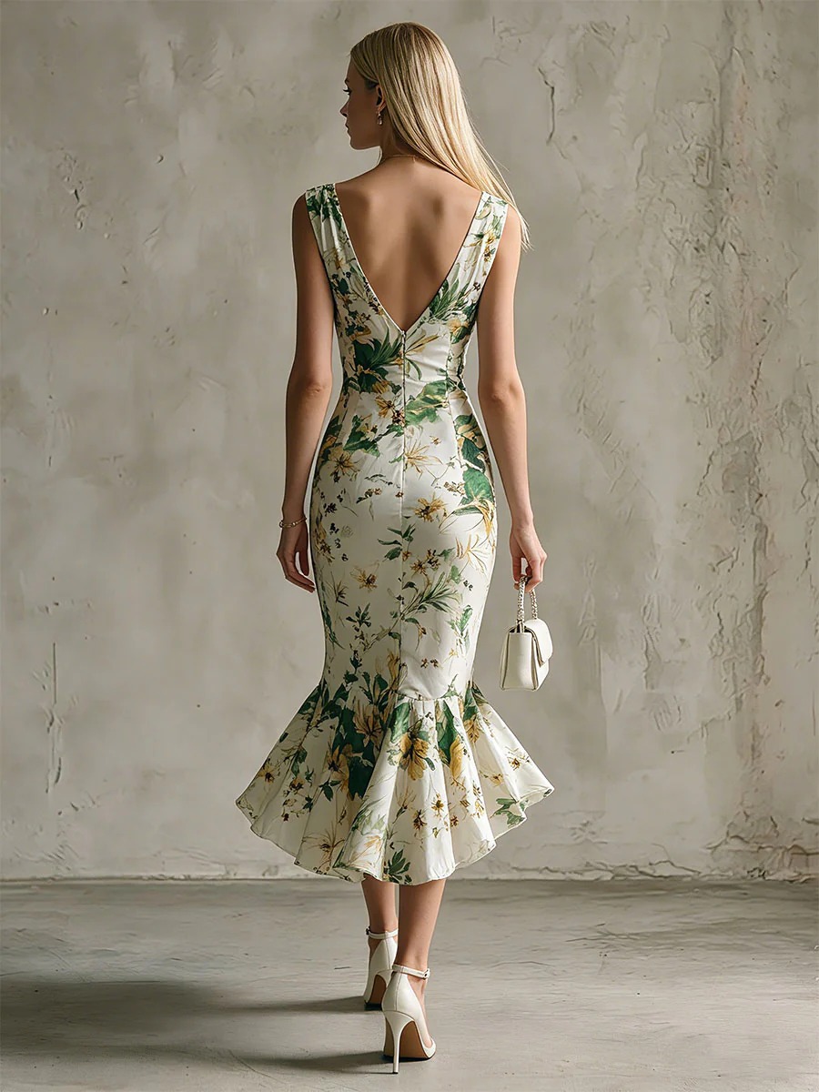 Women's Summer V Neck Sleeveless Printed Ruffled Fitted Dress, Vacation Style Elegant — photo 3