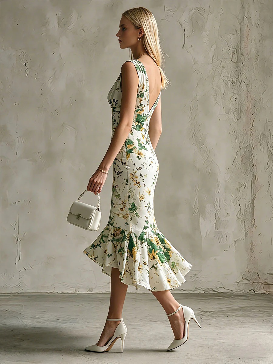 Women's Summer V Neck Sleeveless Printed Ruffled Fitted Dress, Vacation Style Elegant — photo 4