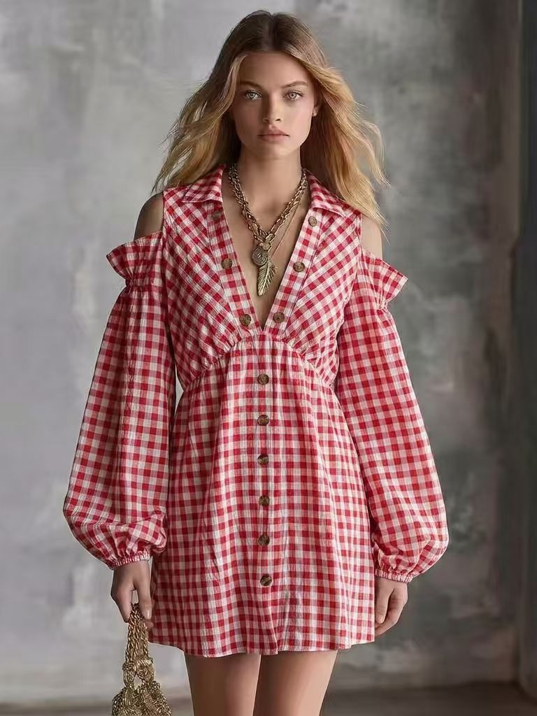 Casual Checkered Print Off-the-shoulder Lantern Long Sleeve Dress