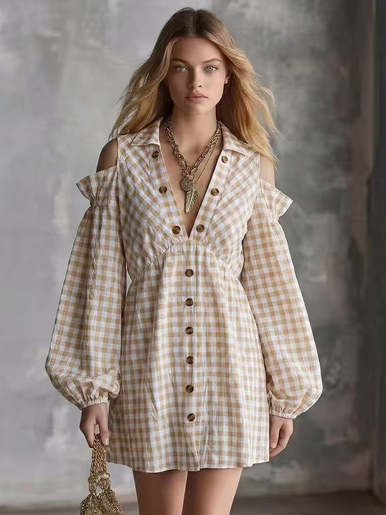 Casual Checkered Print Off-the-shoulder Lantern Long Sleeve Dress — photo 3