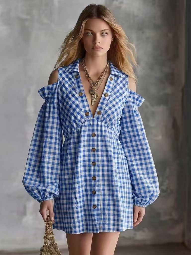 Casual Checkered Print Off-the-shoulder Lantern Long Sleeve Dress — photo 4