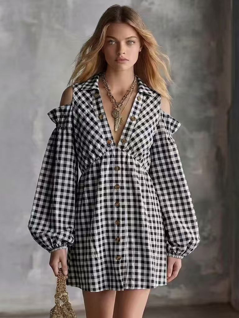 Casual Checkered Print Off-the-shoulder Lantern Long Sleeve Dress — photo 5