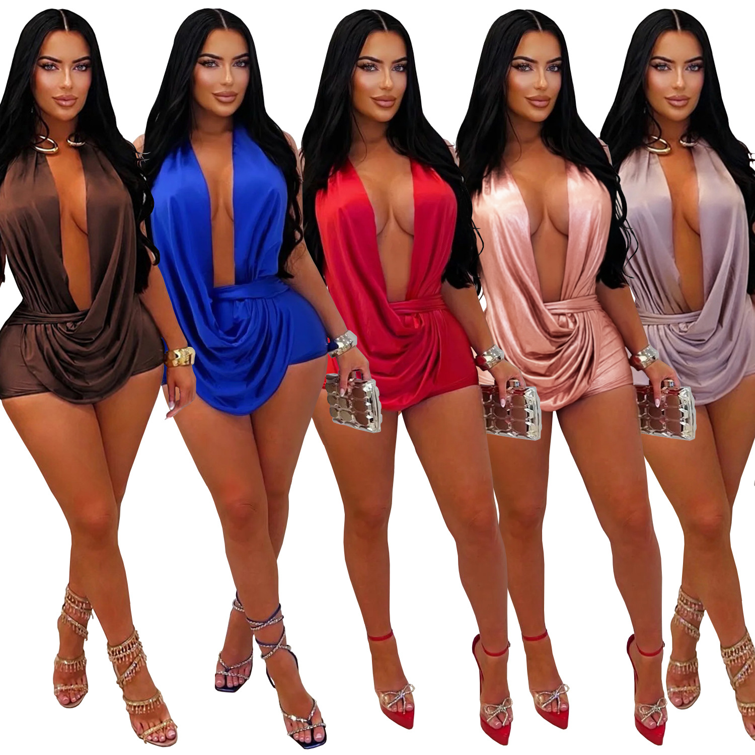 C7798 Cross-border 2026 New Women's Sexy Neck Deep V Waist Shorts Nightclub Party Strap Jumpsuit — photo 4