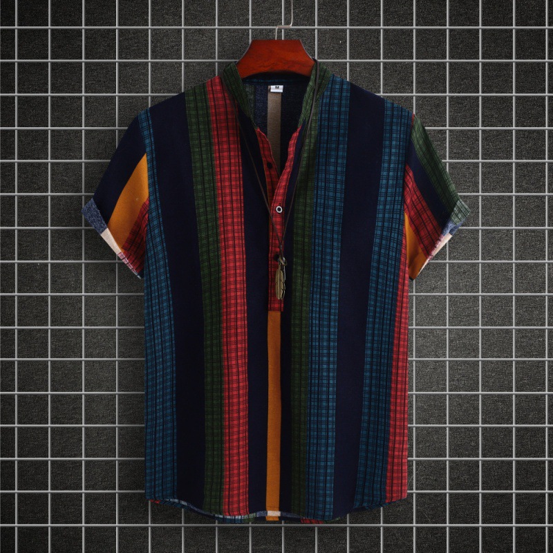 Men's Stand Collar Ethnic Style Striped Cotton-linen Shirt Fashion Casual Short Sleeve — photo 3
