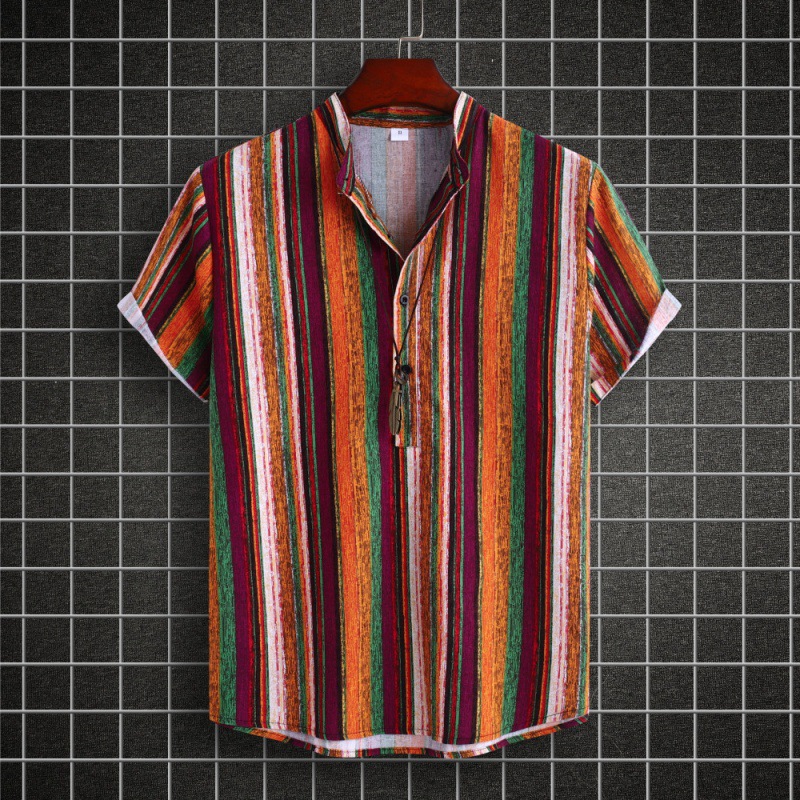 Men's Stand Collar Ethnic Style Striped Cotton-linen Shirt Fashion Casual Short Sleeve — photo 4