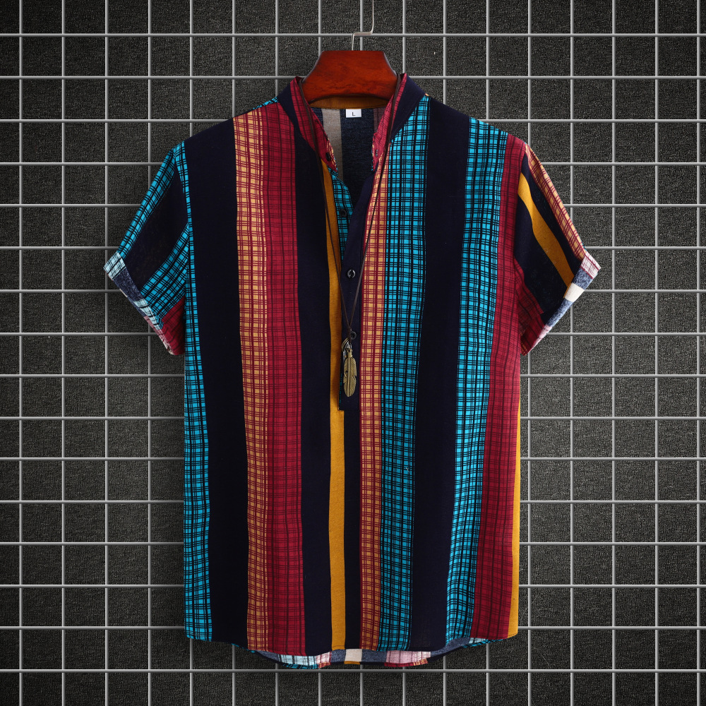Men's Stand Collar Ethnic Style Striped Cotton-linen Shirt Fashion Casual Short Sleeve — photo 5