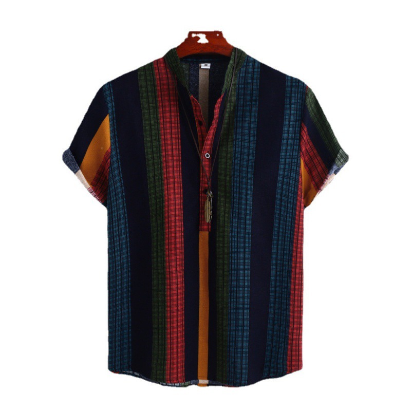 Men's Stand Collar Ethnic Style Striped Cotton-linen Shirt Fashion Casual Short Sleeve — photo 6