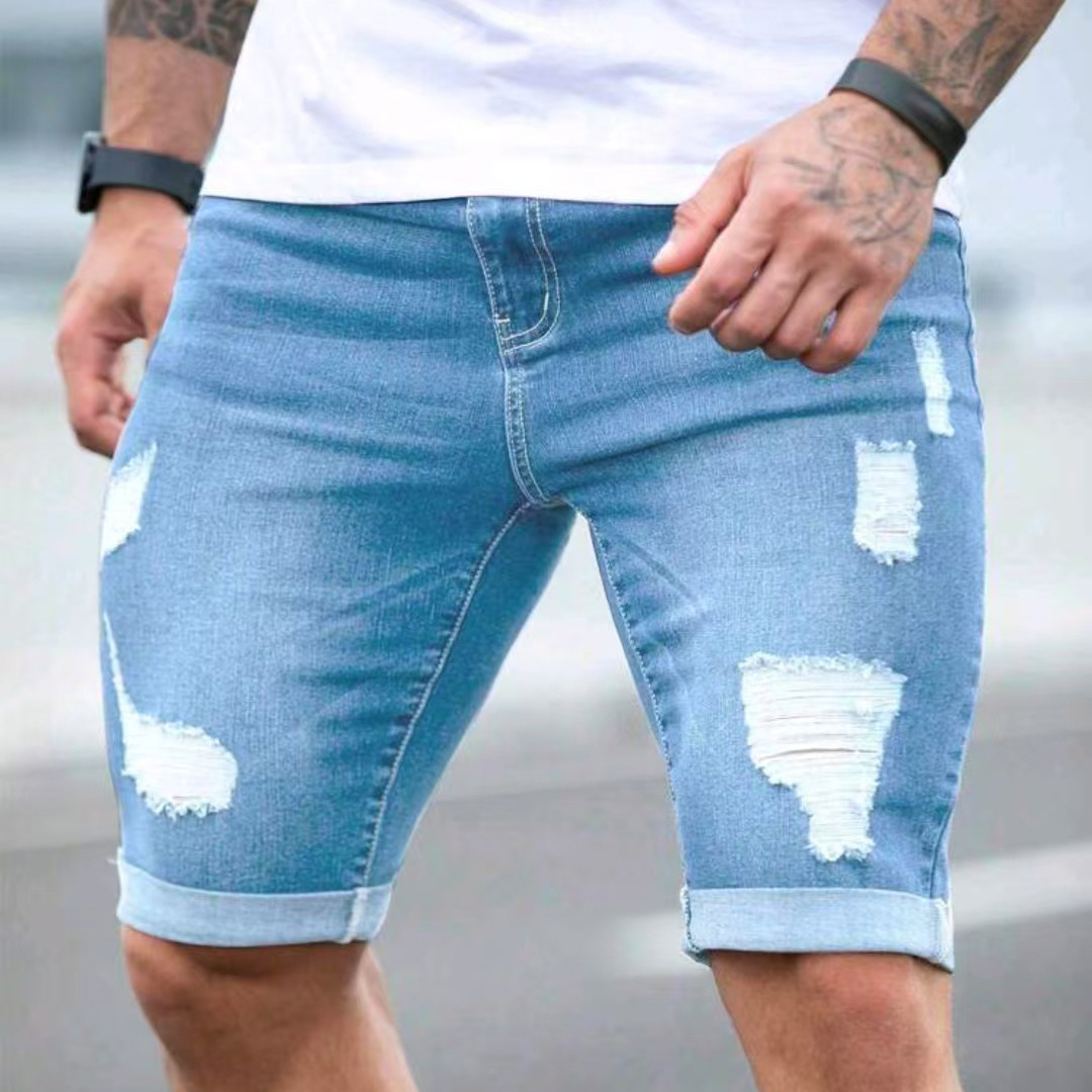 Summer Blue Multi-hole Design Denim Shorts