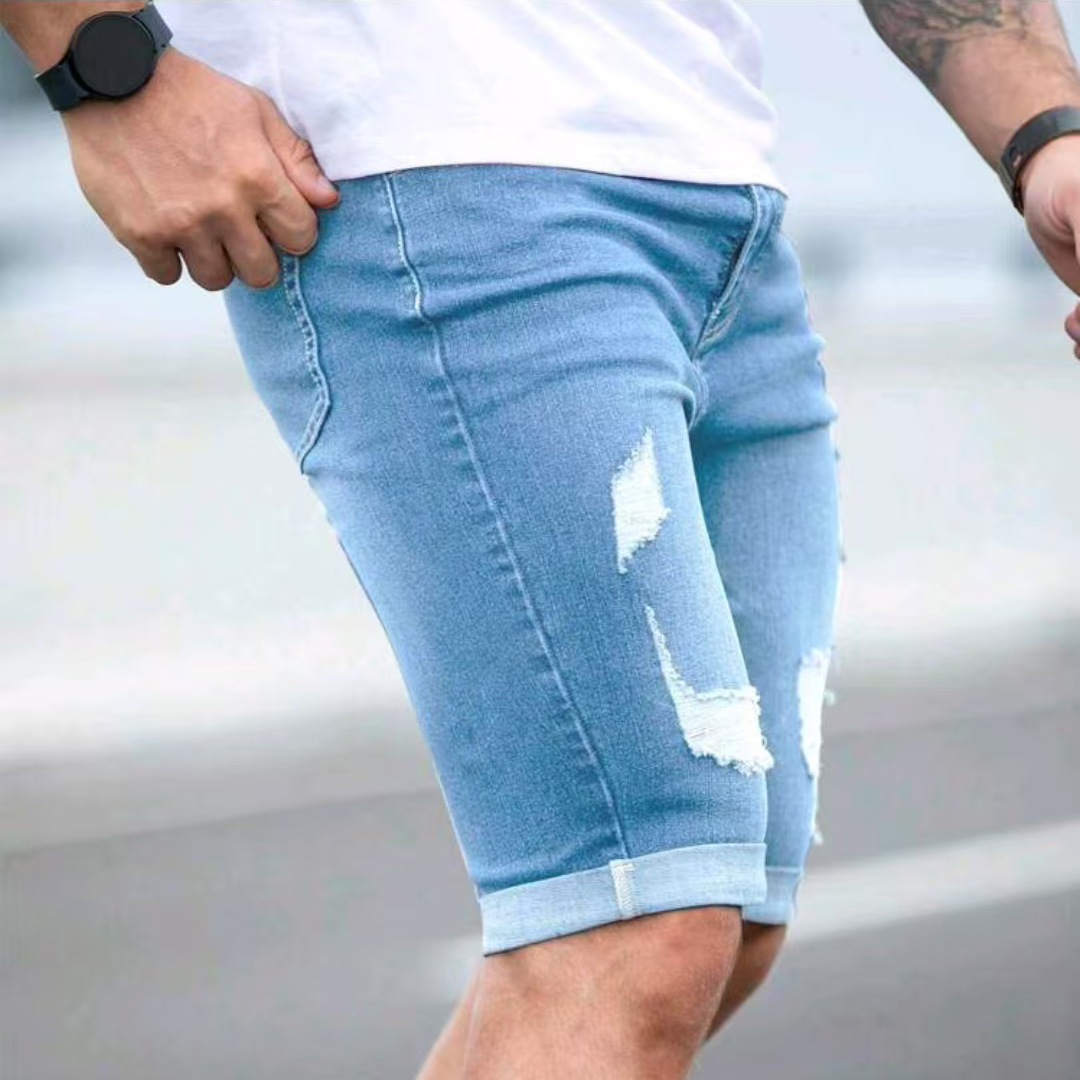 Summer Blue Multi-hole Design Denim Shorts — photo 3