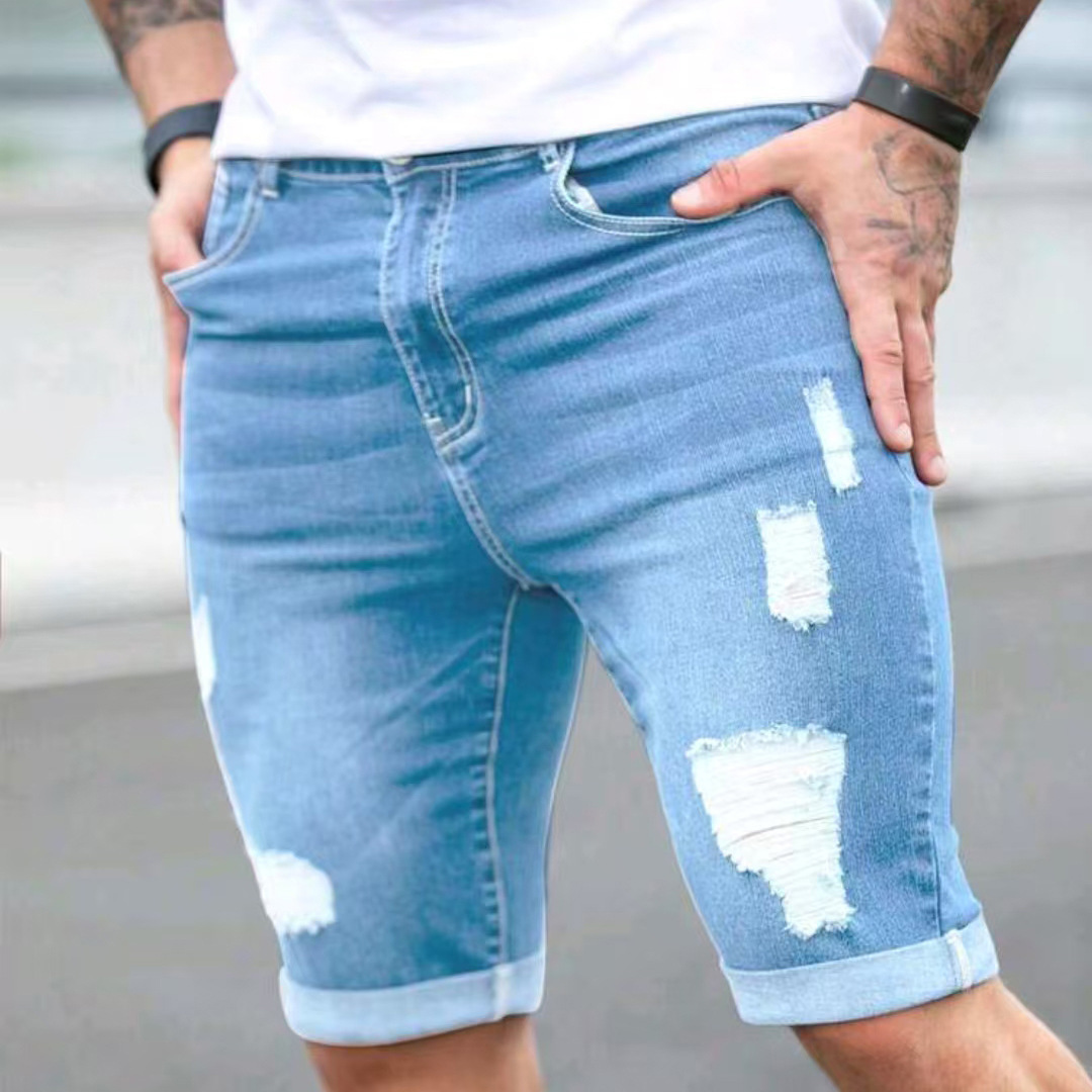 Summer Blue Multi-hole Design Denim Shorts — photo 5