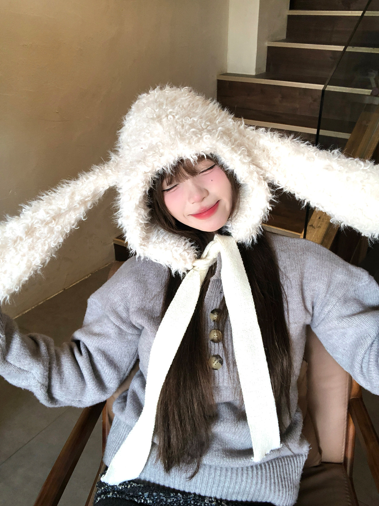 Korean-style Sweet And Cute White Plush Hat With Bunny Ears — photo 3