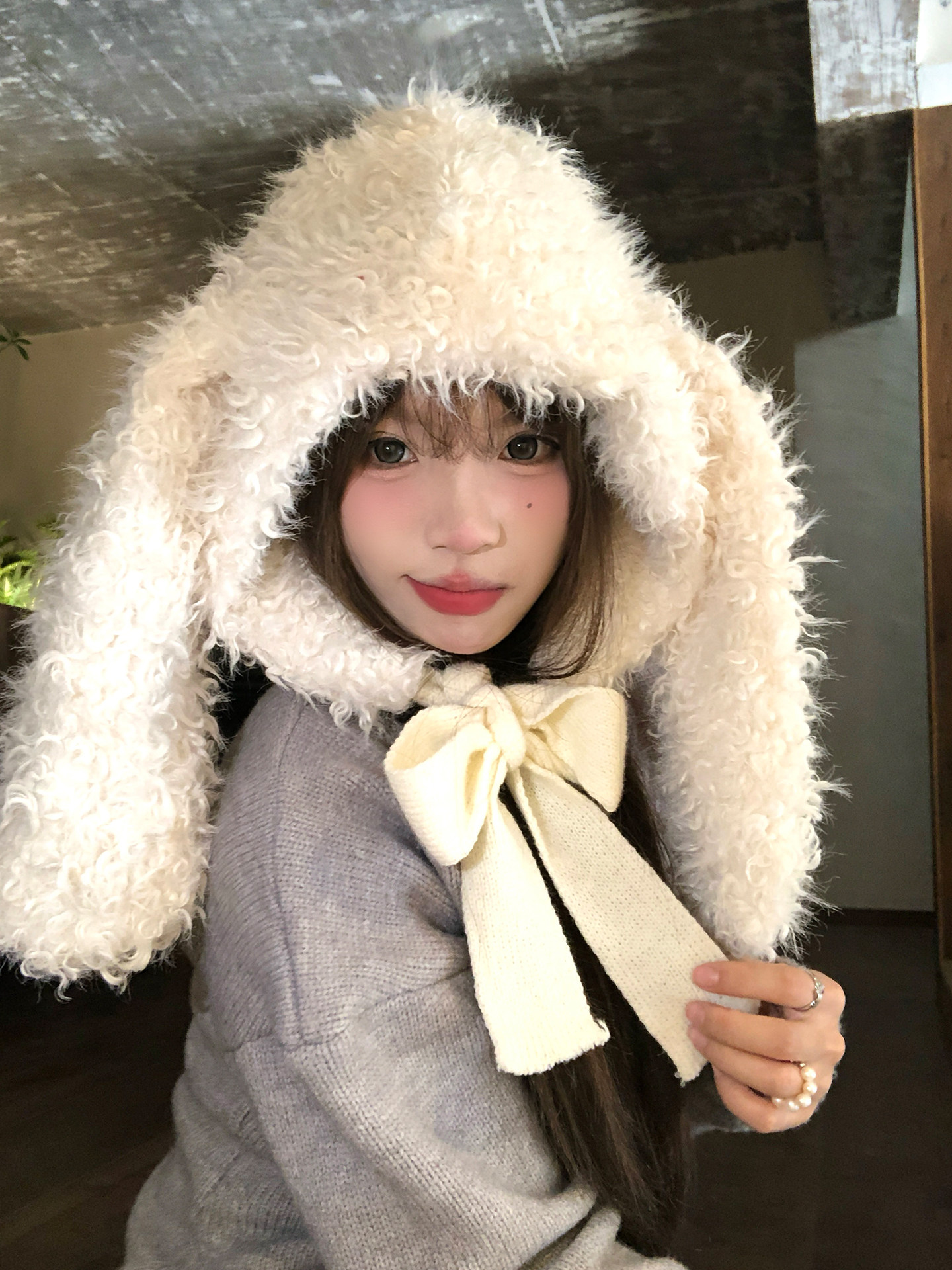 Korean-style Sweet And Cute White Plush Hat With Bunny Ears — photo 5
