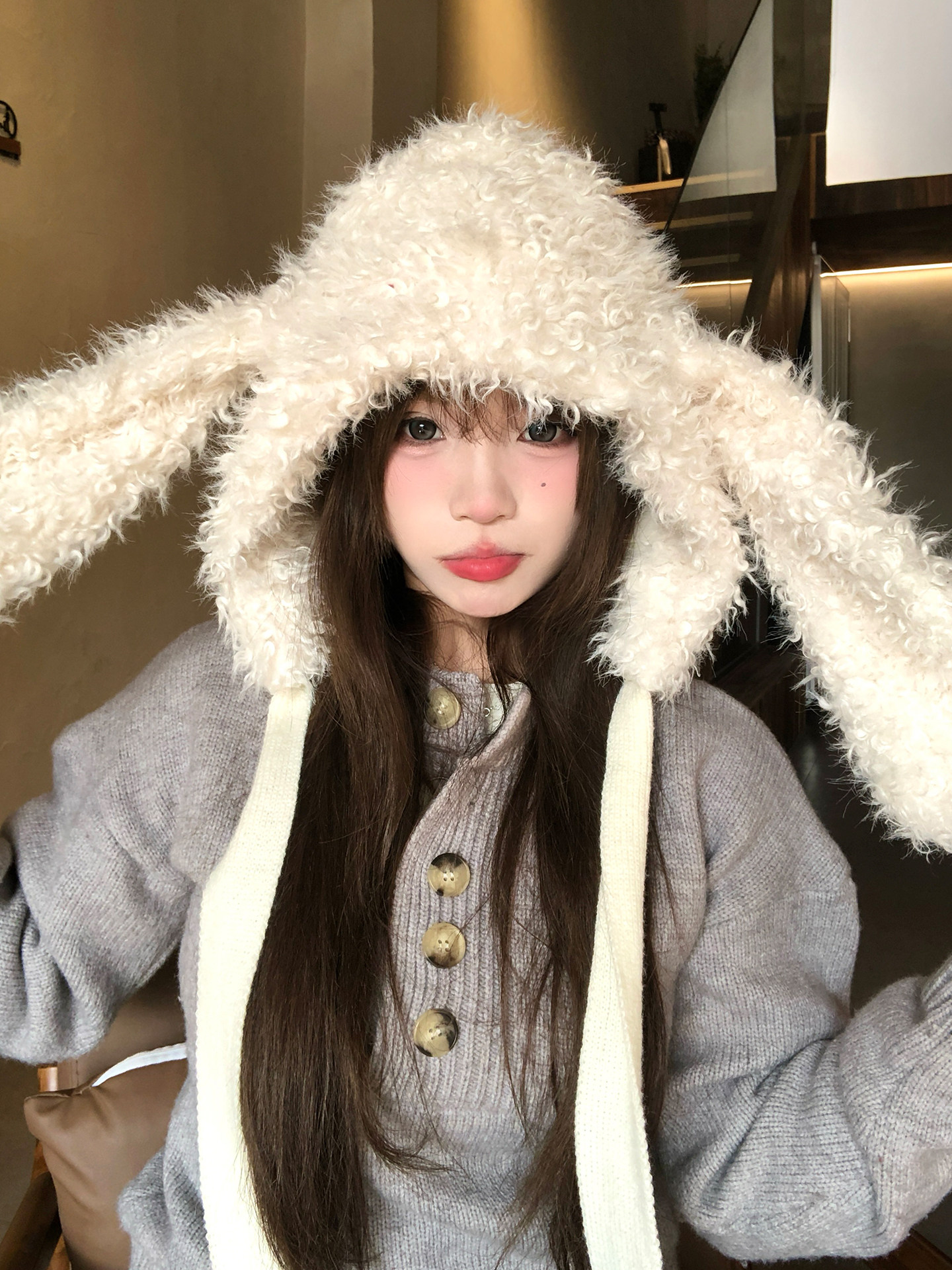 Korean-style Sweet And Cute White Plush Hat With Bunny Ears — photo 7