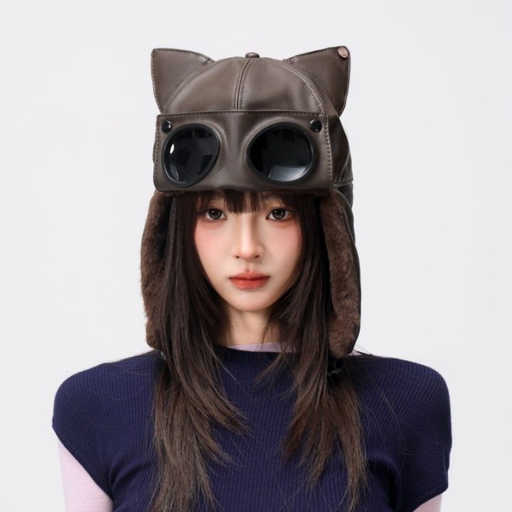 Womens Cute Cat-ear Retro Leather Lei Feng Cap