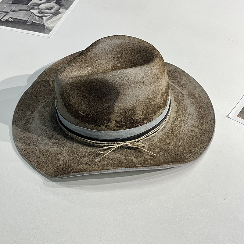 Sloped Brim Pure Wool Felt Fashionable Distressed Style Sheepskin Hat — photo 3