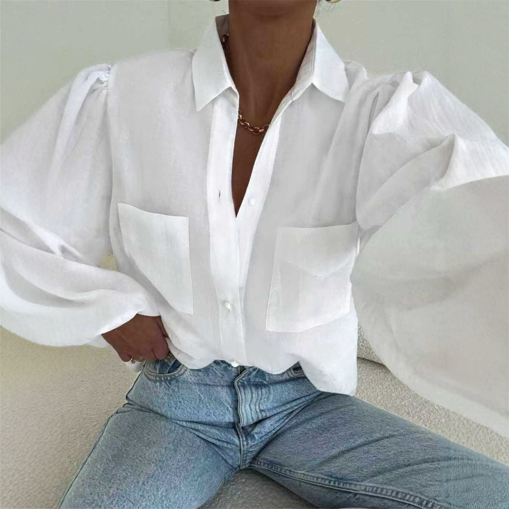 Loose-fit Lapel-collar Double-pocket White Long-sleeve Work Shirt