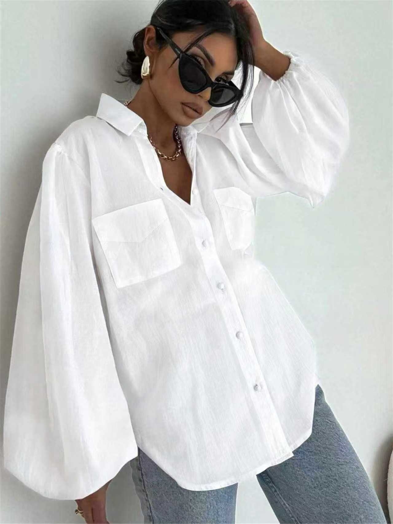 Loose-fit Lapel-collar Double-pocket White Long-sleeve Work Shirt — photo 3
