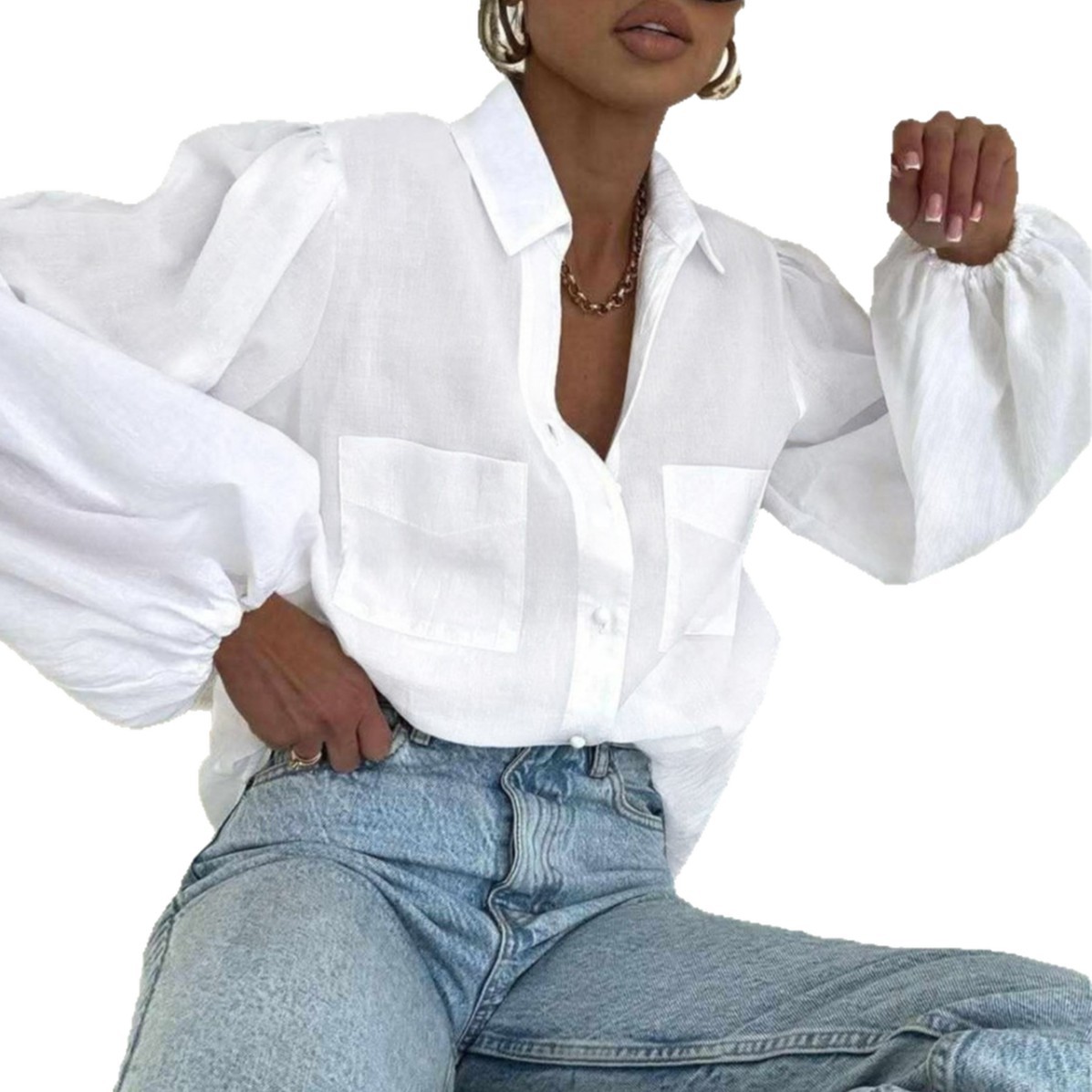 Loose-fit Lapel-collar Double-pocket White Long-sleeve Work Shirt — photo 4