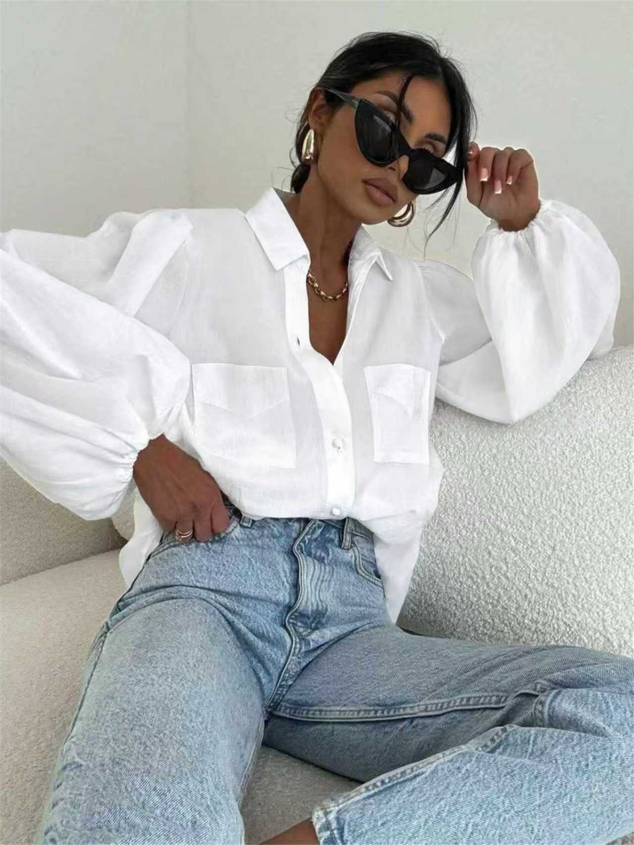 Loose-fit Lapel-collar Double-pocket White Long-sleeve Work Shirt — photo 5