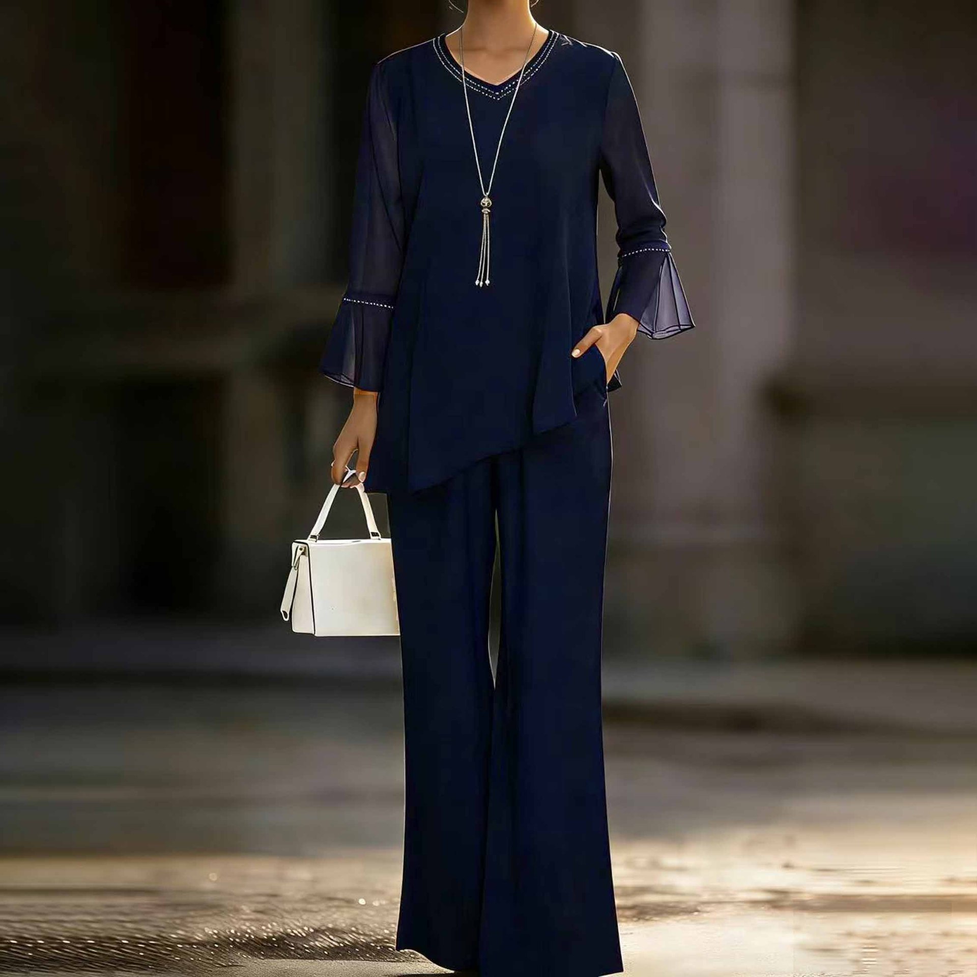 Casual Chiffon Set With Rhinestone Detailing And A Flowing Silhouette — photo 5