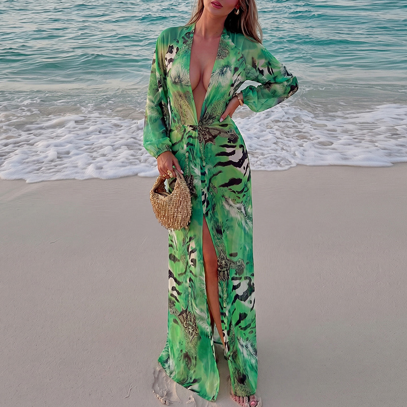 Womens Sexy Backless Deep-V Slit Long-sleeve Dress