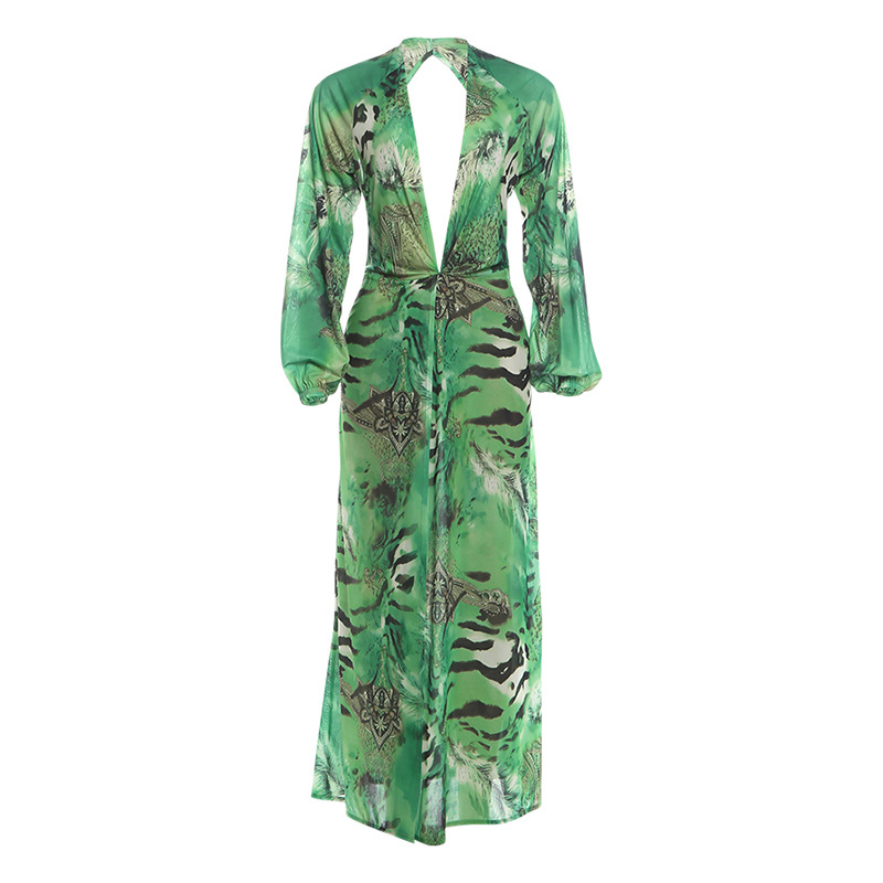 Womens Sexy Backless Deep-V Slit Long-sleeve Dress — photo 3