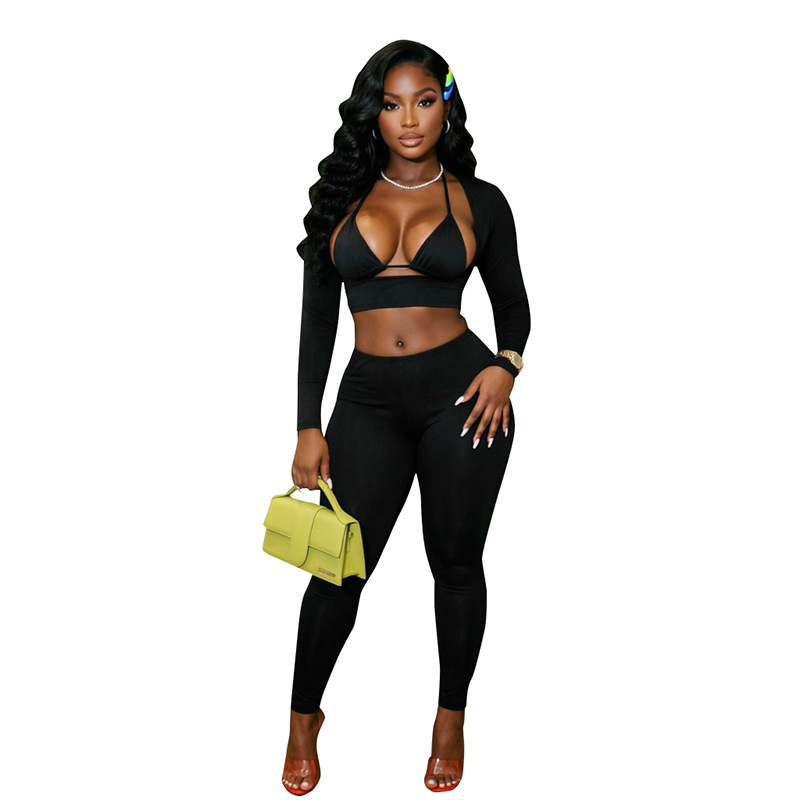 Low-neck Long-sleeve Top And Tight-fitting Trousers Three-piece Set — photo 4