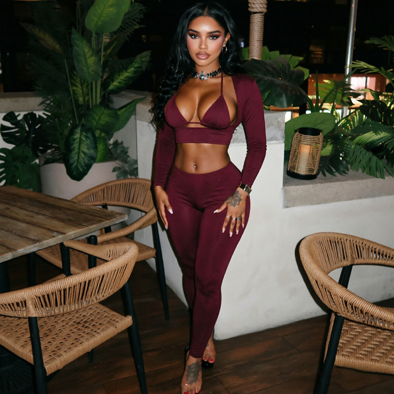 Low-neck Long-sleeve Top And Tight-fitting Trousers Three-piece Set — photo 6
