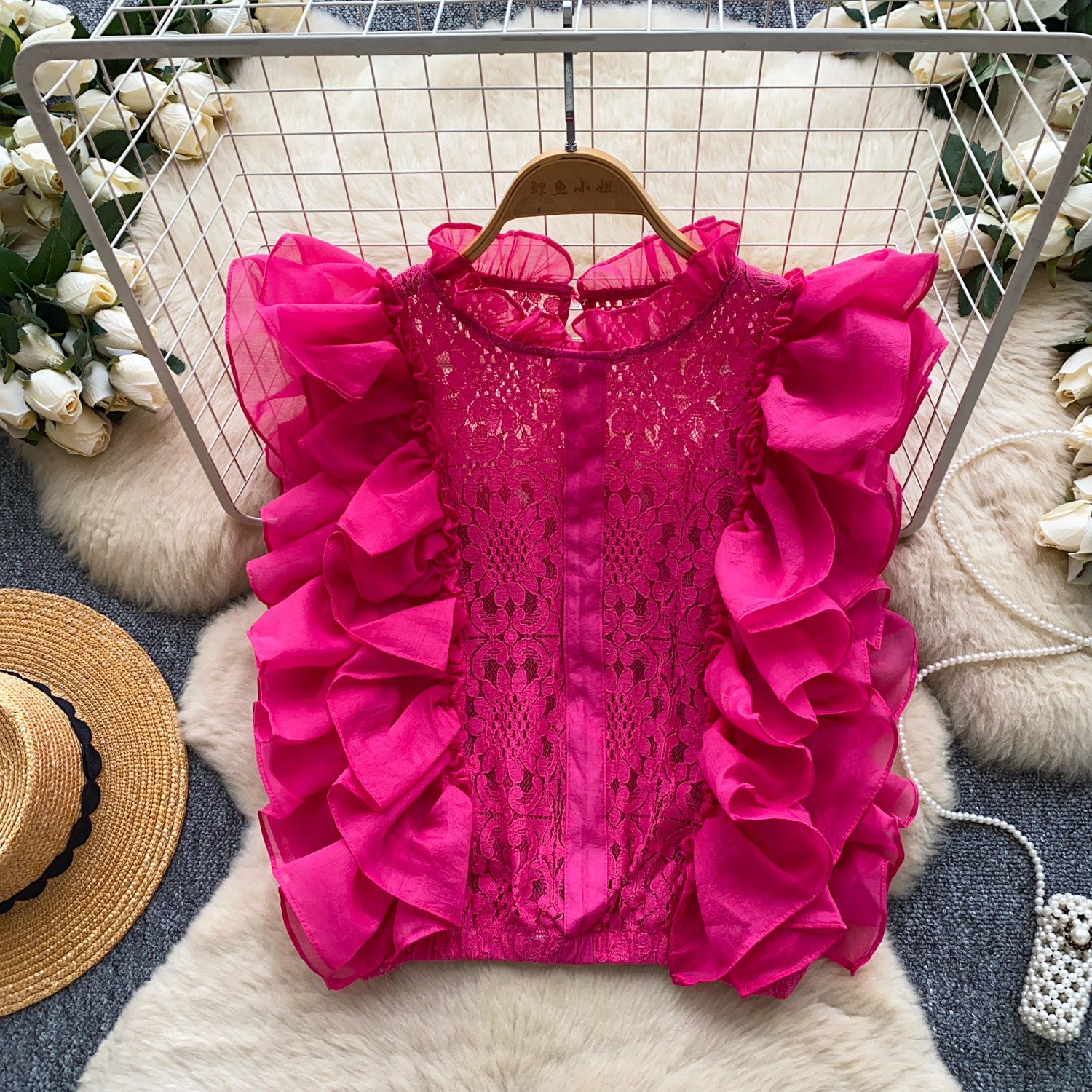 Lace Sleeveless Top With Ruffled Paneling And Hollowed-Out Details