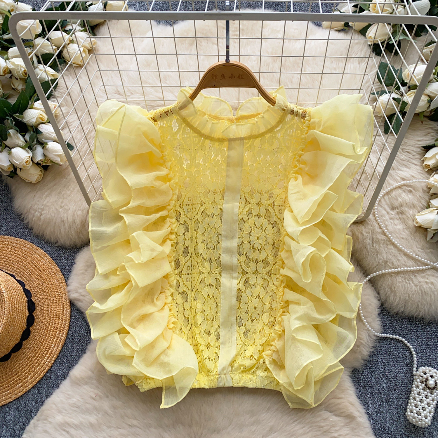 Lace Sleeveless Top With Ruffled Paneling And Hollowed-Out Details — photo 12
