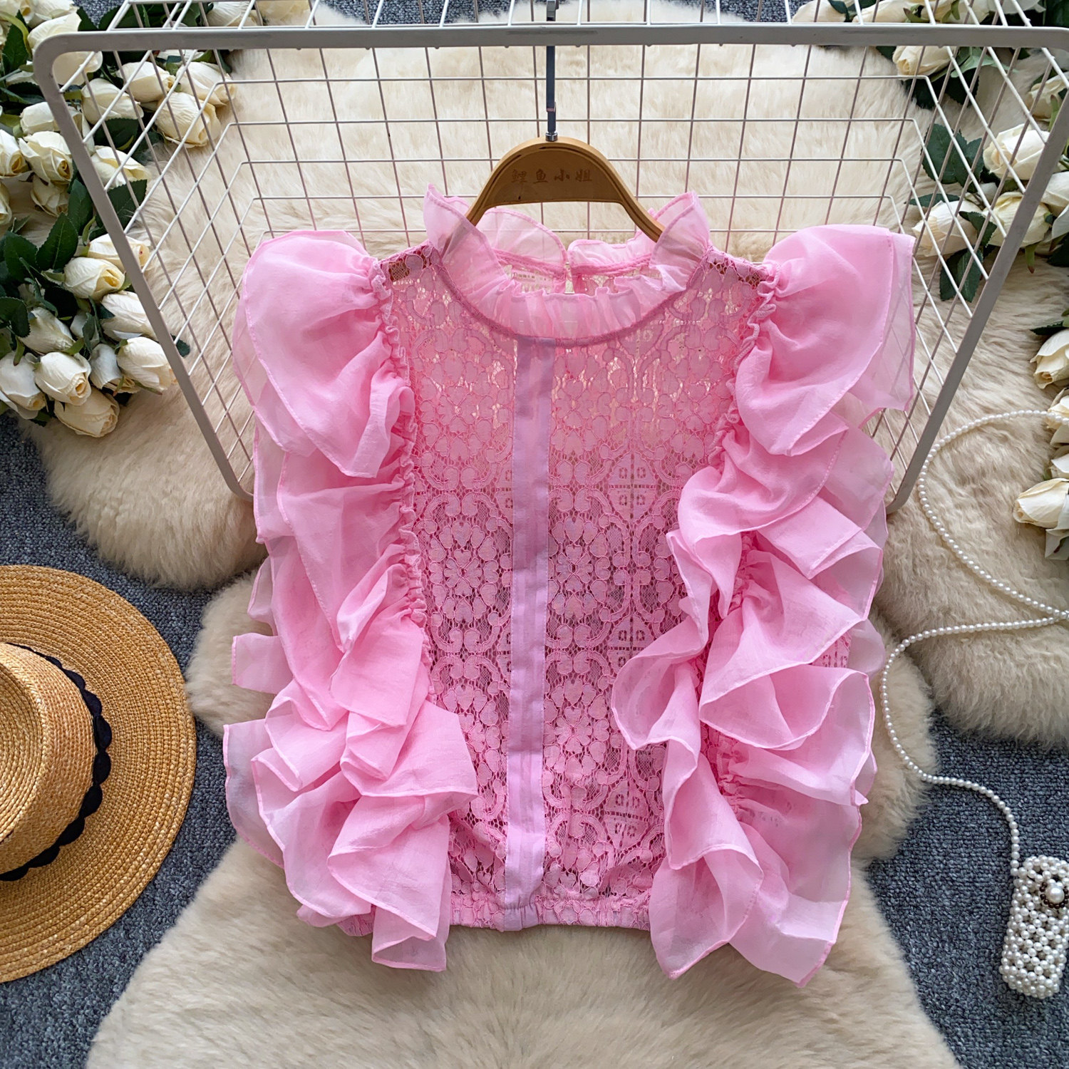 Lace Sleeveless Top With Ruffled Paneling And Hollowed-Out Details — photo 4