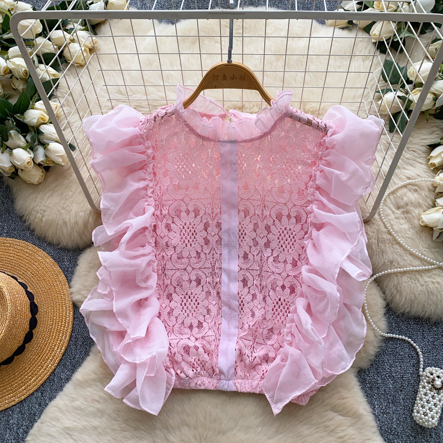 Lace Sleeveless Top With Ruffled Paneling And Hollowed-Out Details — photo 5