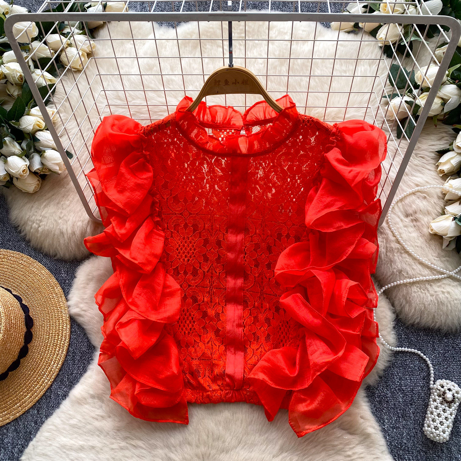 Lace Sleeveless Top With Ruffled Paneling And Hollowed-Out Details — photo 9
