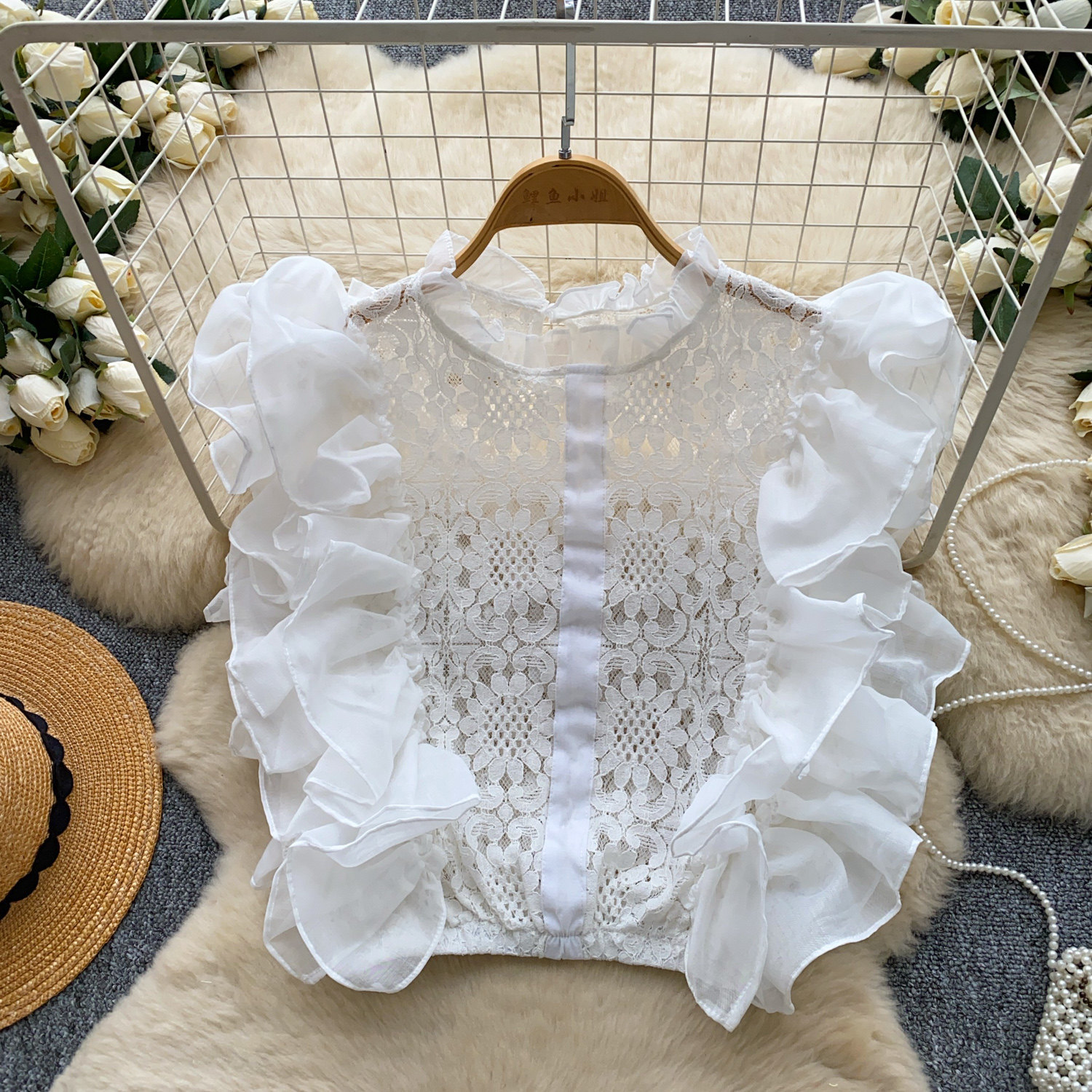 Lace Sleeveless Top With Ruffled Paneling And Hollowed-Out Details — photo 11