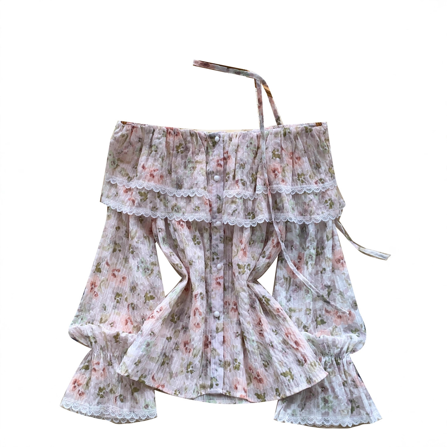 Womens Lace-Patchwork Ruffled Flare-Sleeve Floral Blouse — photo 6