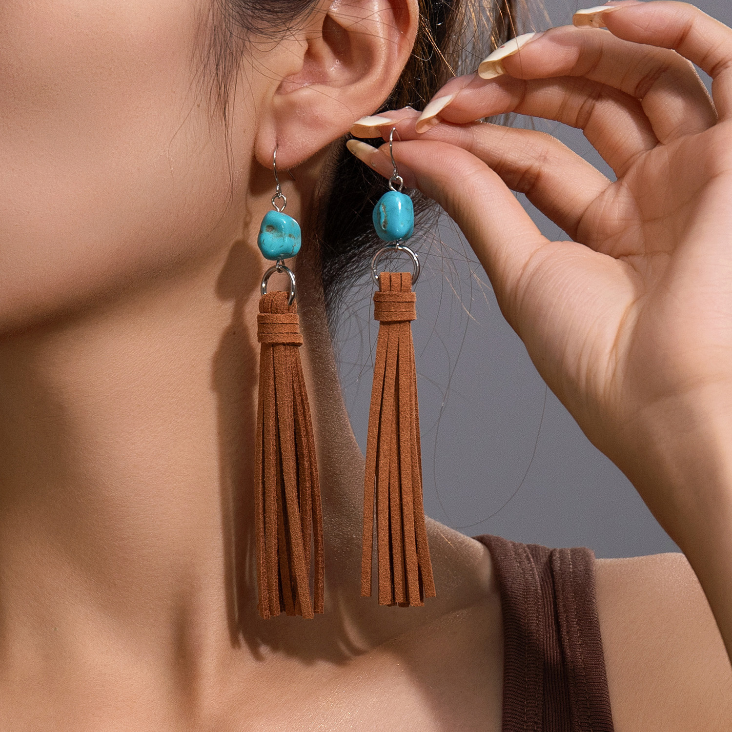 Vintage Velvet Tassel Irregular Turquoise Womens Earrings — photo 3
