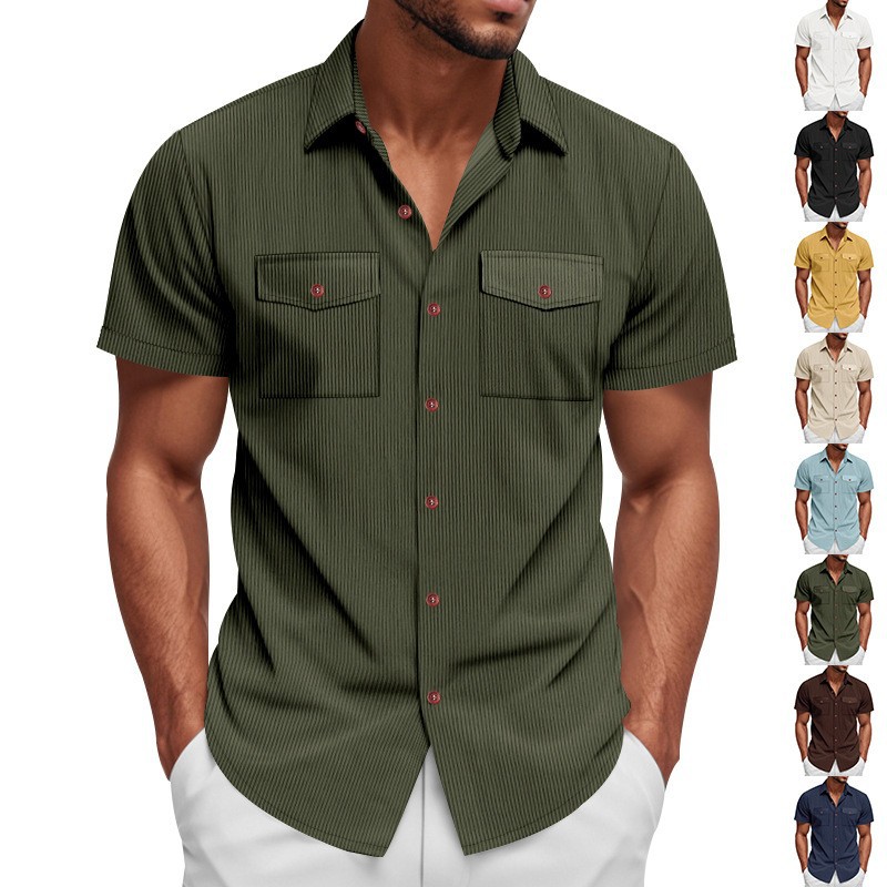 Corduroy Casual Loose-fit Short-sleeve Lapel Shirt With Two Pockets