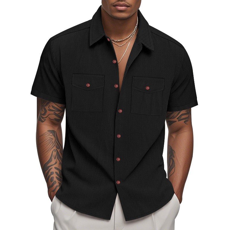 Corduroy Casual Loose-fit Short-sleeve Lapel Shirt With Two Pockets — photo 9