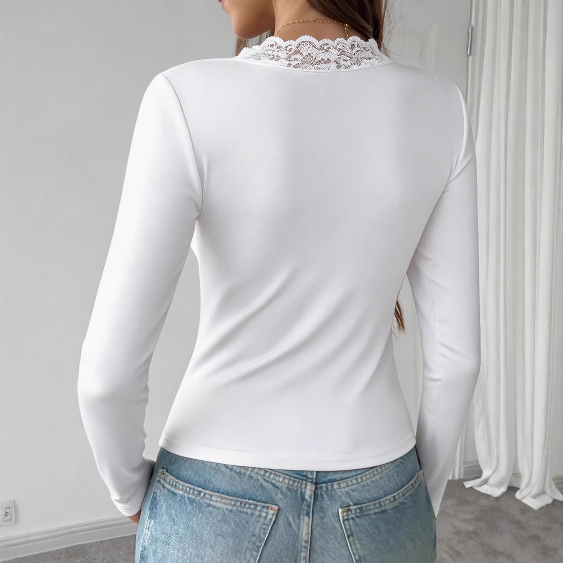 Womens Solid-color V-neck Lace-panel Top — photo 3