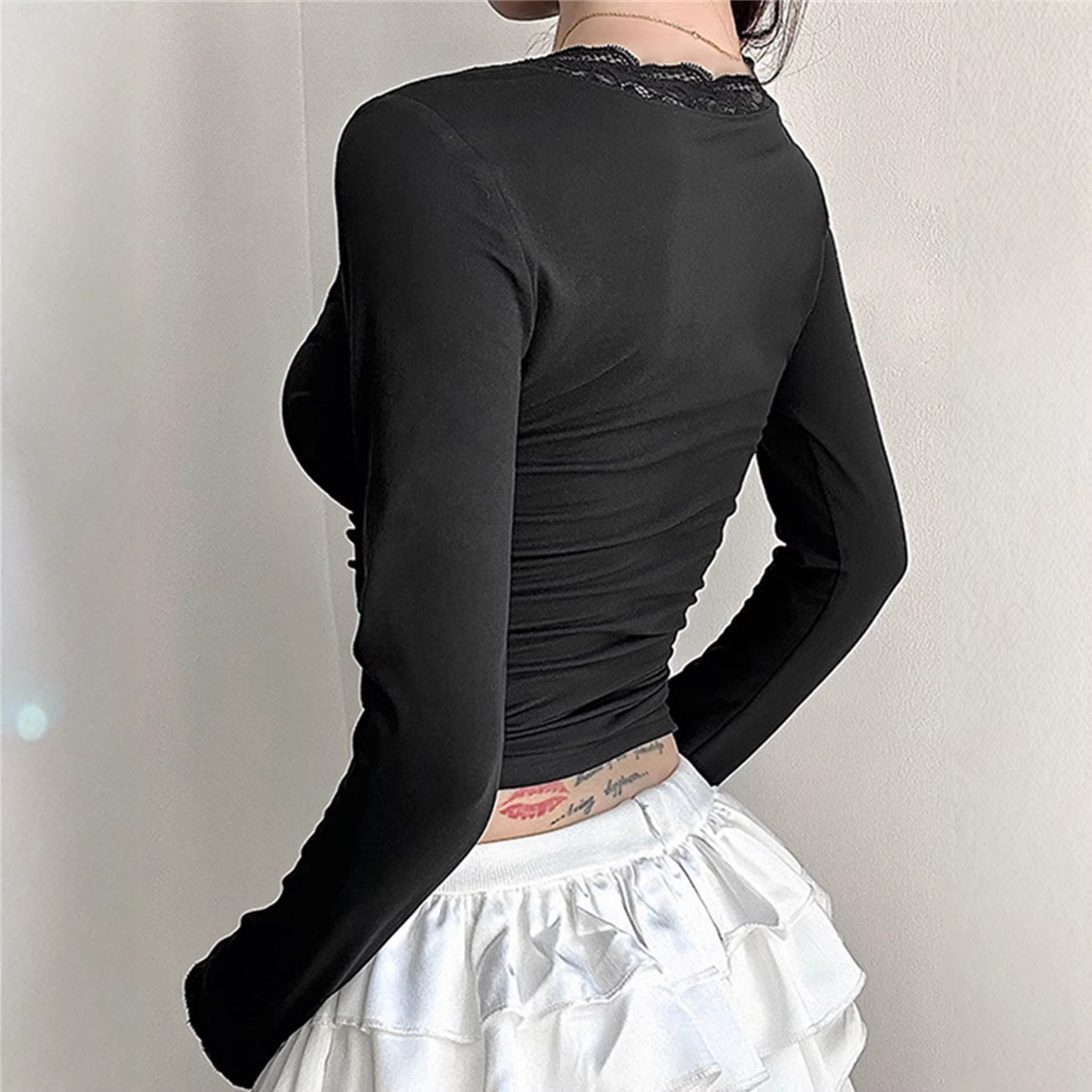 Womens Solid-color V-neck Lace-panel Top — photo 4