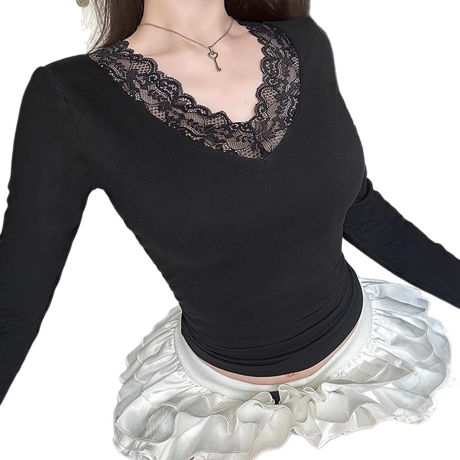 Womens Solid-color V-neck Lace-panel Top — photo 6