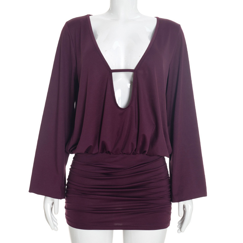 Solid-color V-neck Hollow-out Patchwork Waist-cinching Pleated Sheath Dress — photo 8