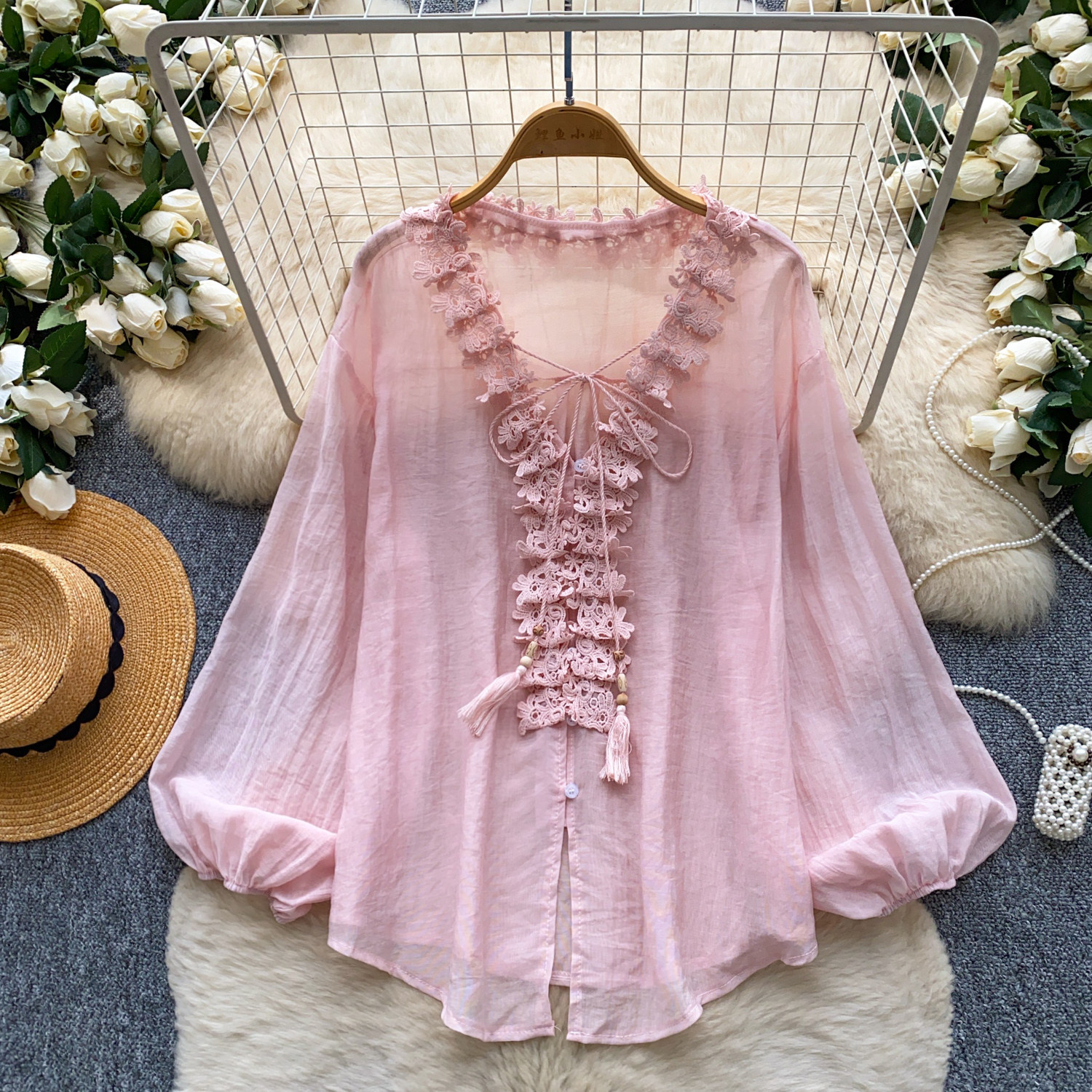 Womens Solid-Color Silk-Panel V-Neck Lace-Up Shirt
