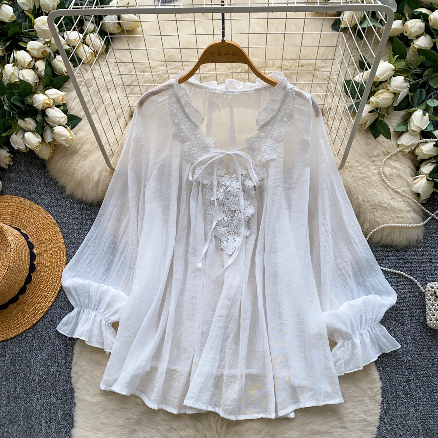 Womens Solid-Color Silk-Panel V-Neck Lace-Up Shirt — photo 3